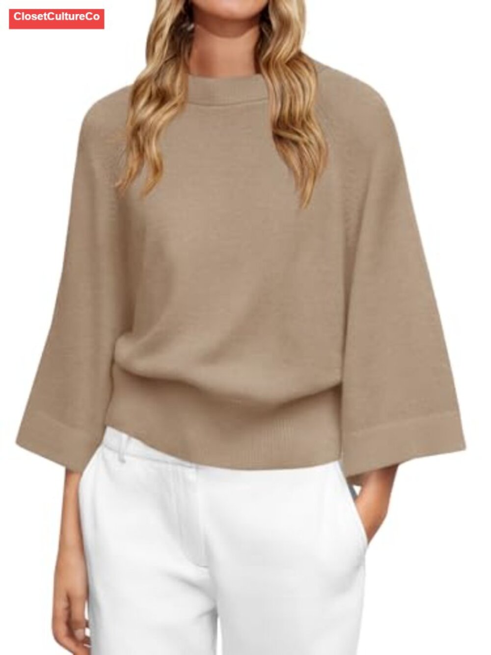 Womens Soft Knit Batwing Sweater 3/4 Sleeve Loose Fit Crew Neck Pullover